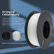 Spool of white filament with text on cable arrangement and PLA consumables