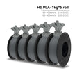 Five spools of gray HS PLA filament with a 3D printed figure on a white background.