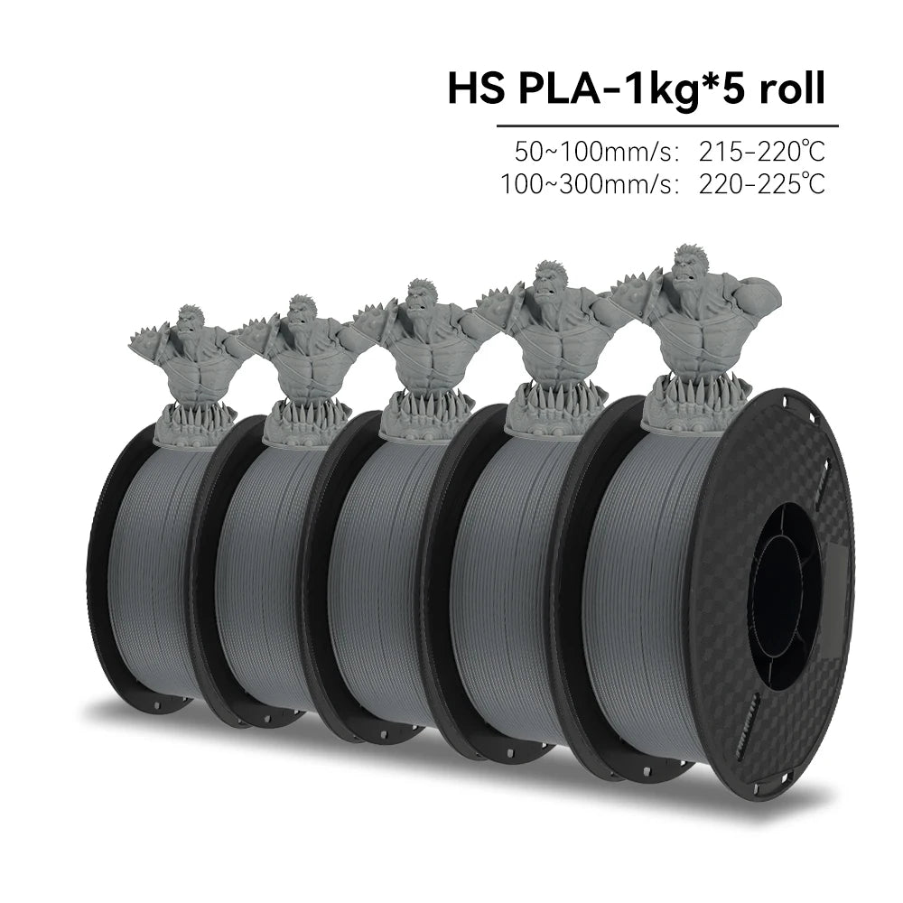 Five spools of gray HS PLA filament with a 3D printed figure on a white background.