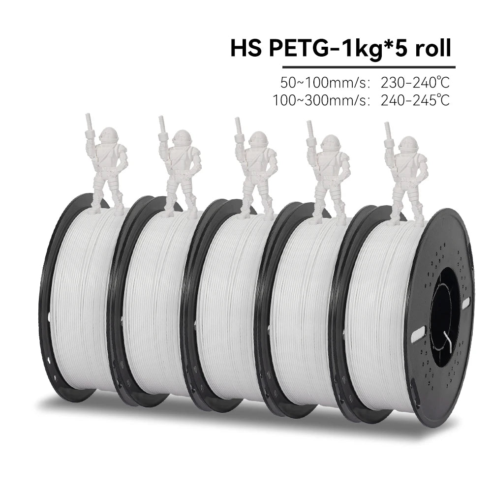 Five spools of HS PETG filament with toy soldiers on top against a white background