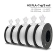 Five spools of HS PLA filament with technical specifications on a white background