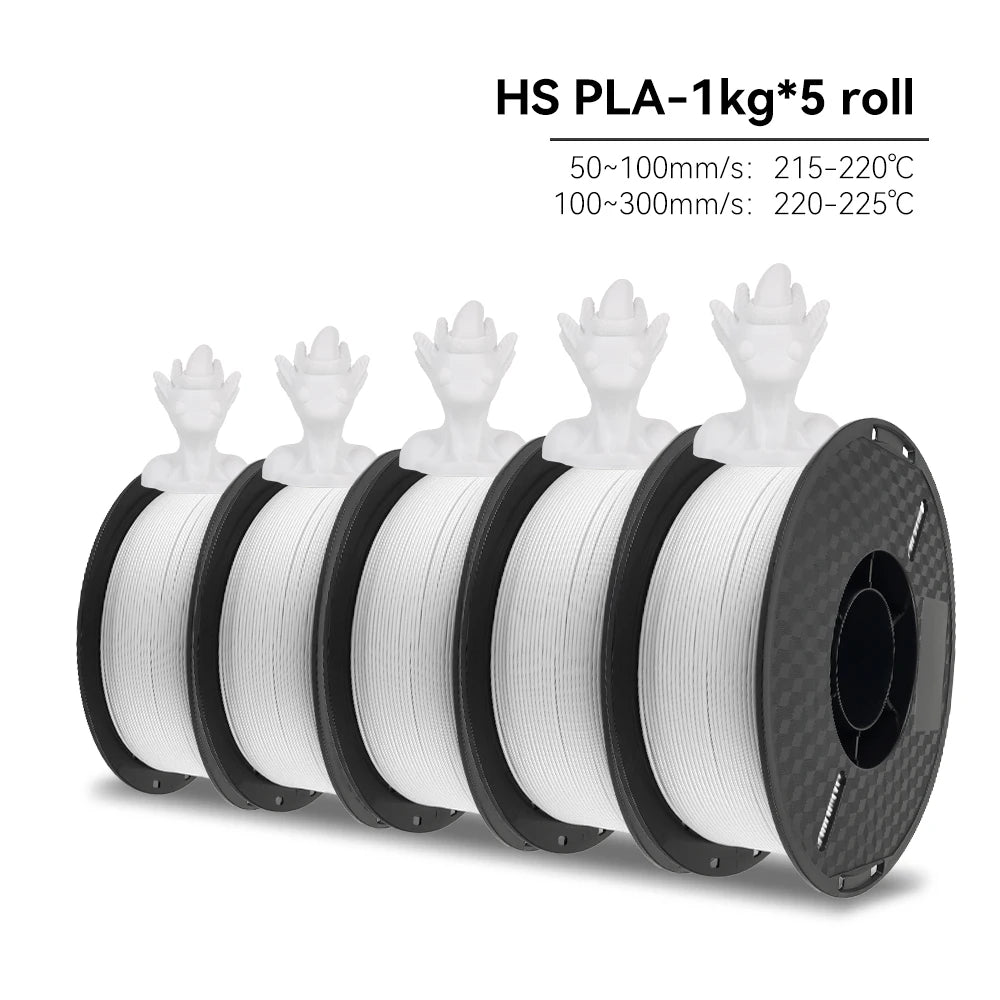 Five spools of HS PLA filament with technical specifications on a white background