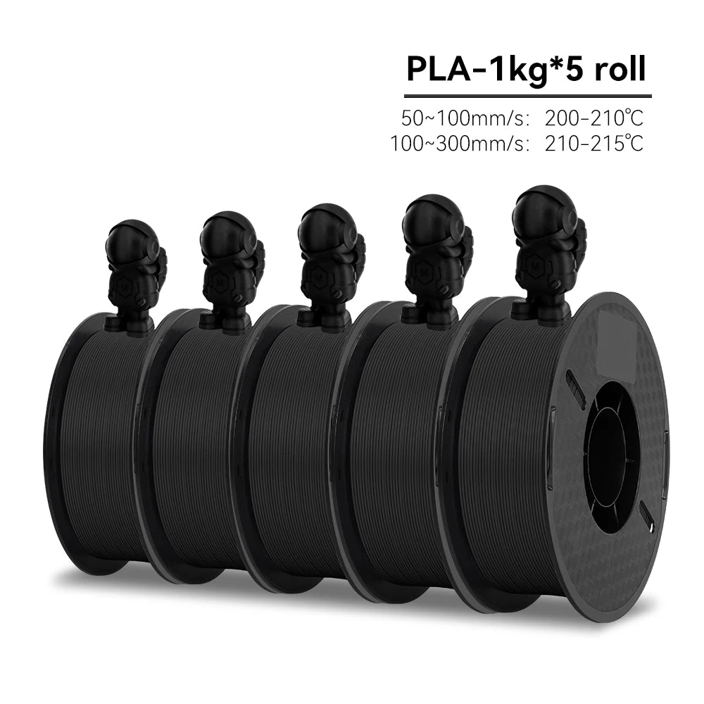 Five spools of black PLA filament with temperature information on a white background