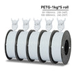 Five spools of PETG filament with temperature information on a white background