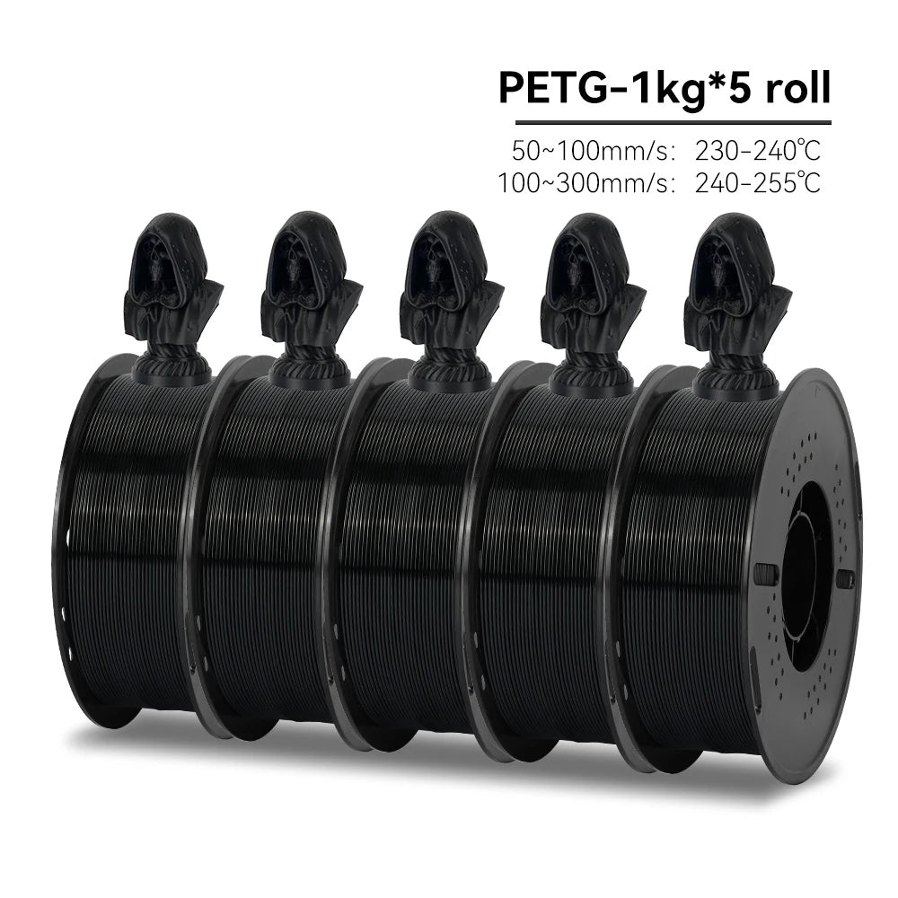 Five spools of PETG filament with technical specifications on a white background