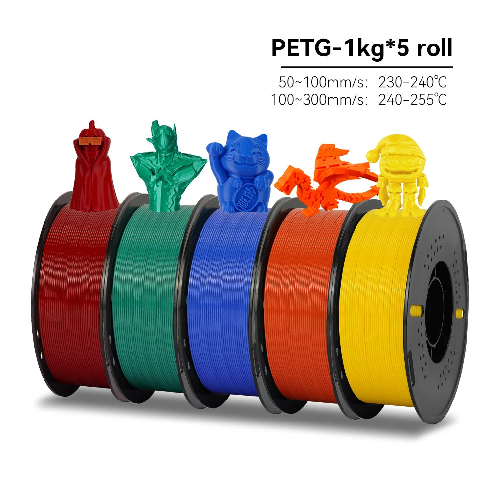 Five spools of PETG filament in red, green, blue, orange, and yellow with 3D printed models on a white background.