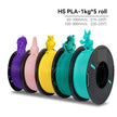 Five spools of HS PLA filament in different colors with 3D printed models on top, on a white background.