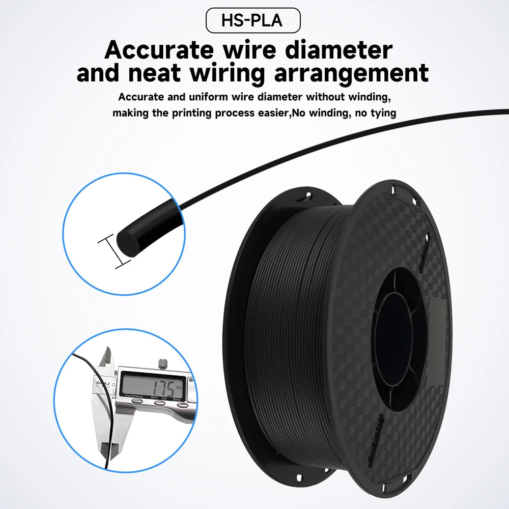Spool of black wire with text about accurate wire diameter and neat wiring arrangement on a white background.