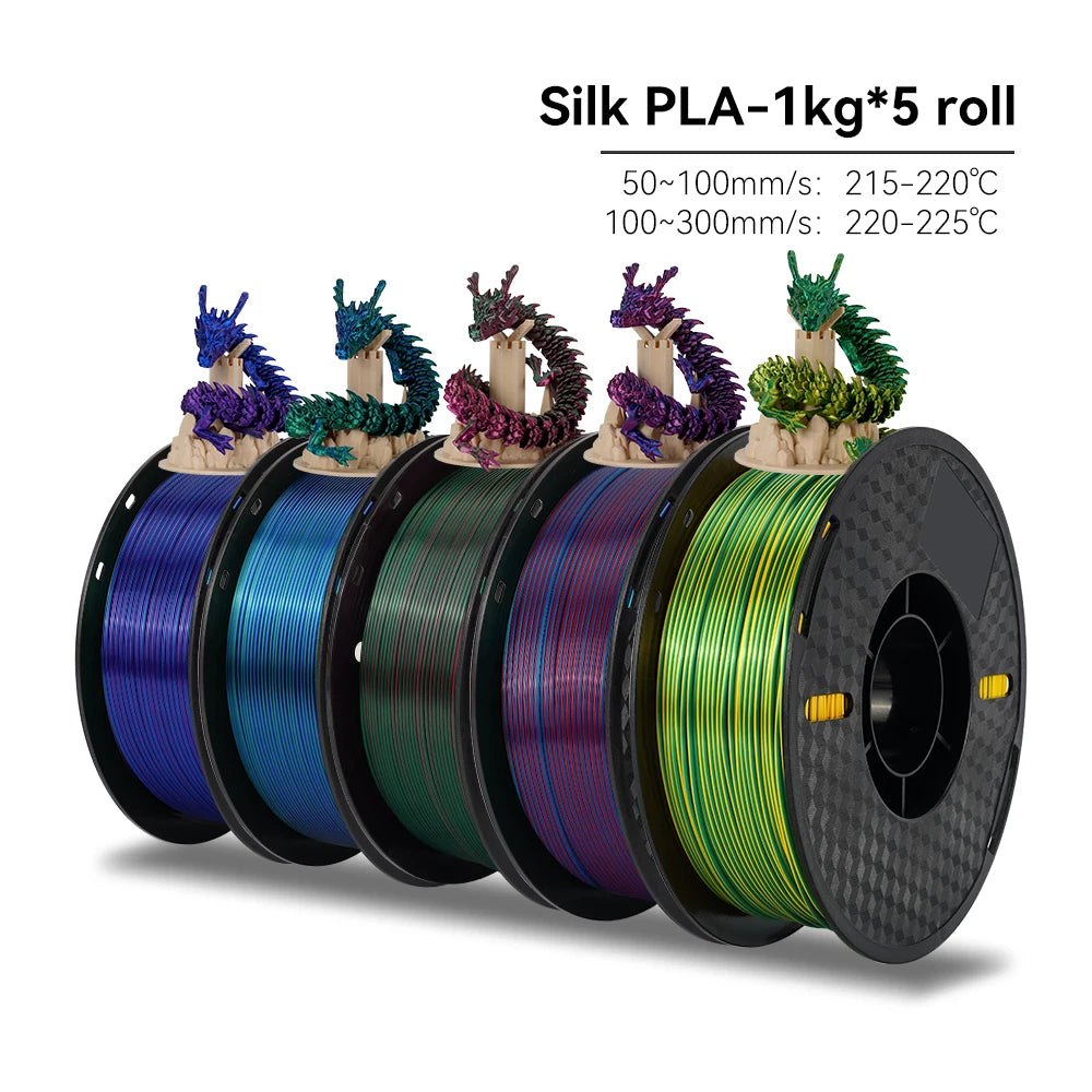 Five spools of Silk PLA filament with colorful dragons on a white background