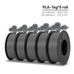 Five spools of PLA filament with a small owl model on a white background