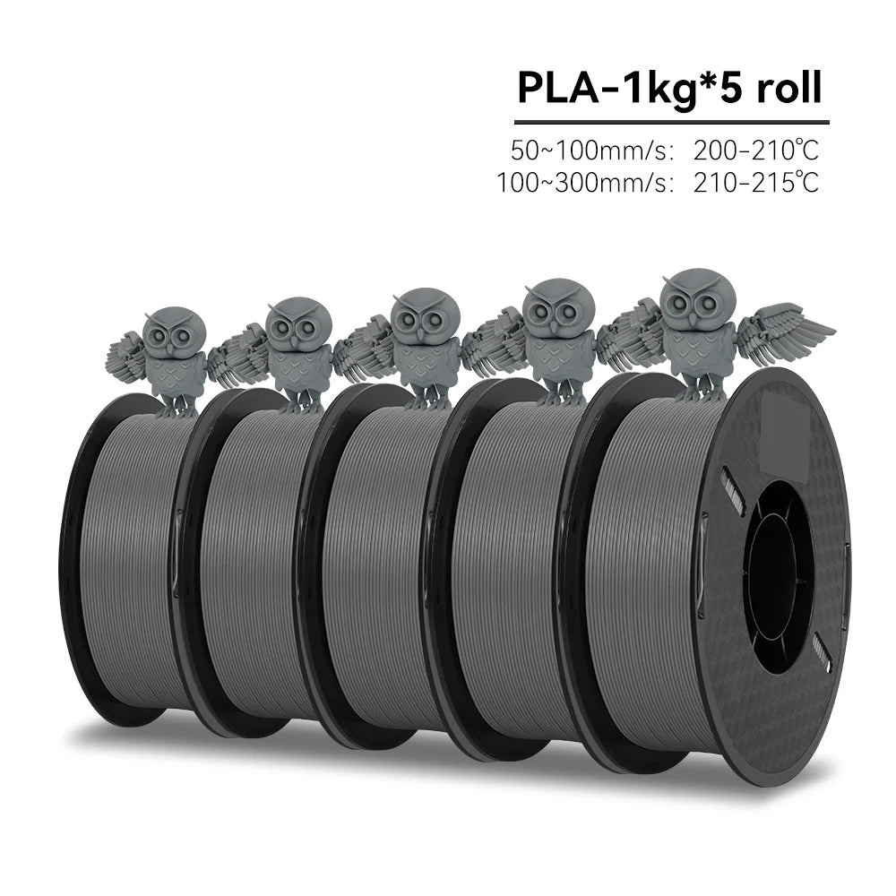 Five spools of PLA filament with a small owl model on a white background