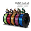 Five spools of Silk PLA filament in various colors with temperature information on a white background.