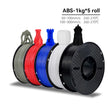 Five spools of ABS filament in different colors with temperature information on a white background.