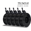 Five spools of black TPU filament on a white background with temperature information.