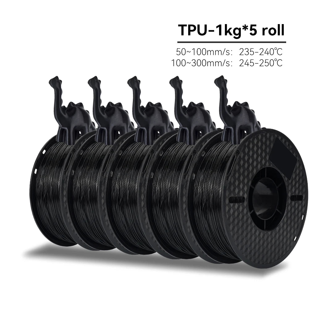 Five spools of black TPU filament on a white background with temperature information.