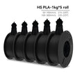 Five spools of black HS PLA filament with temperature information on a white background