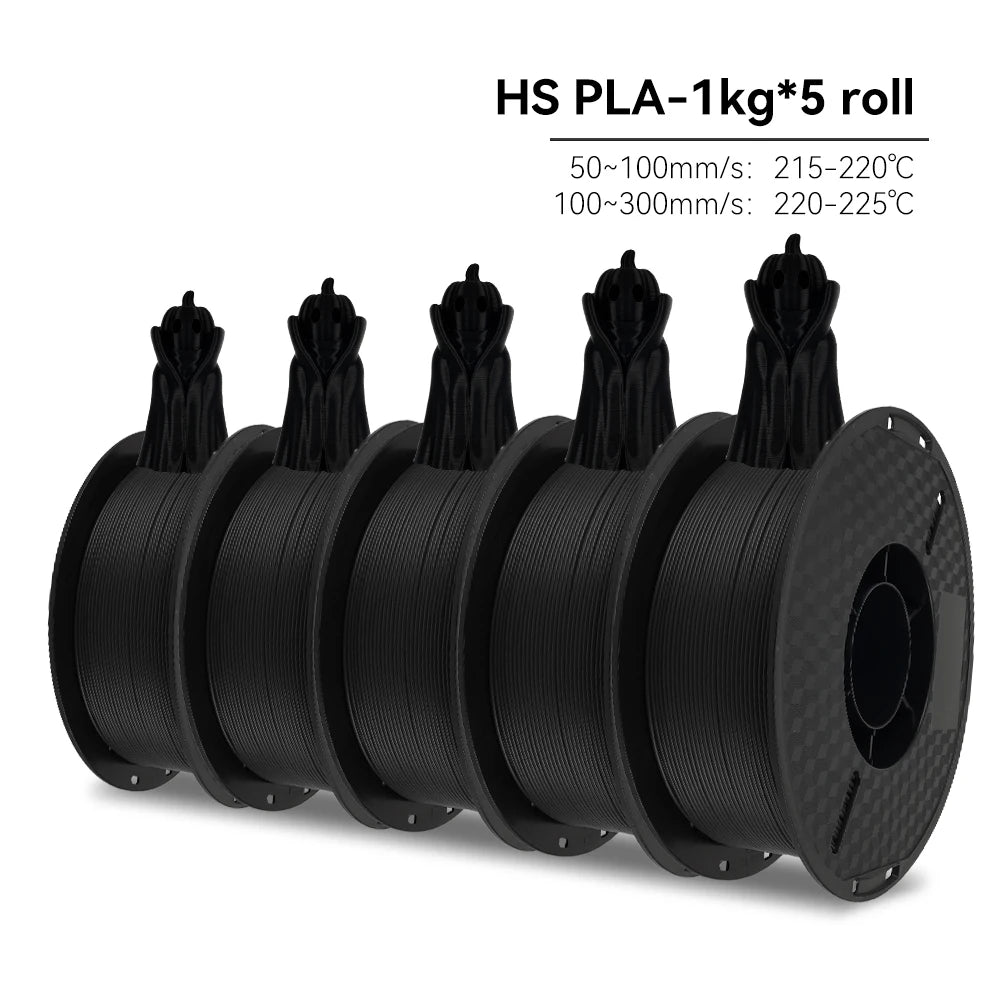 Five spools of black HS PLA filament with temperature information on a white background
