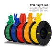 Five spools of TPU filament in green, blue, red, orange, and yellow with temperature information on a white background.