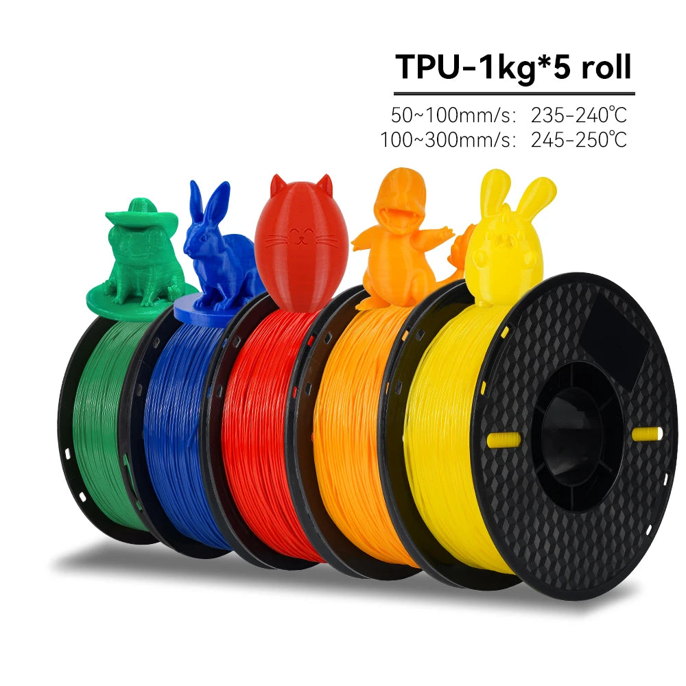 Five spools of TPU filament in green, blue, red, orange, and yellow with temperature information on a white background.