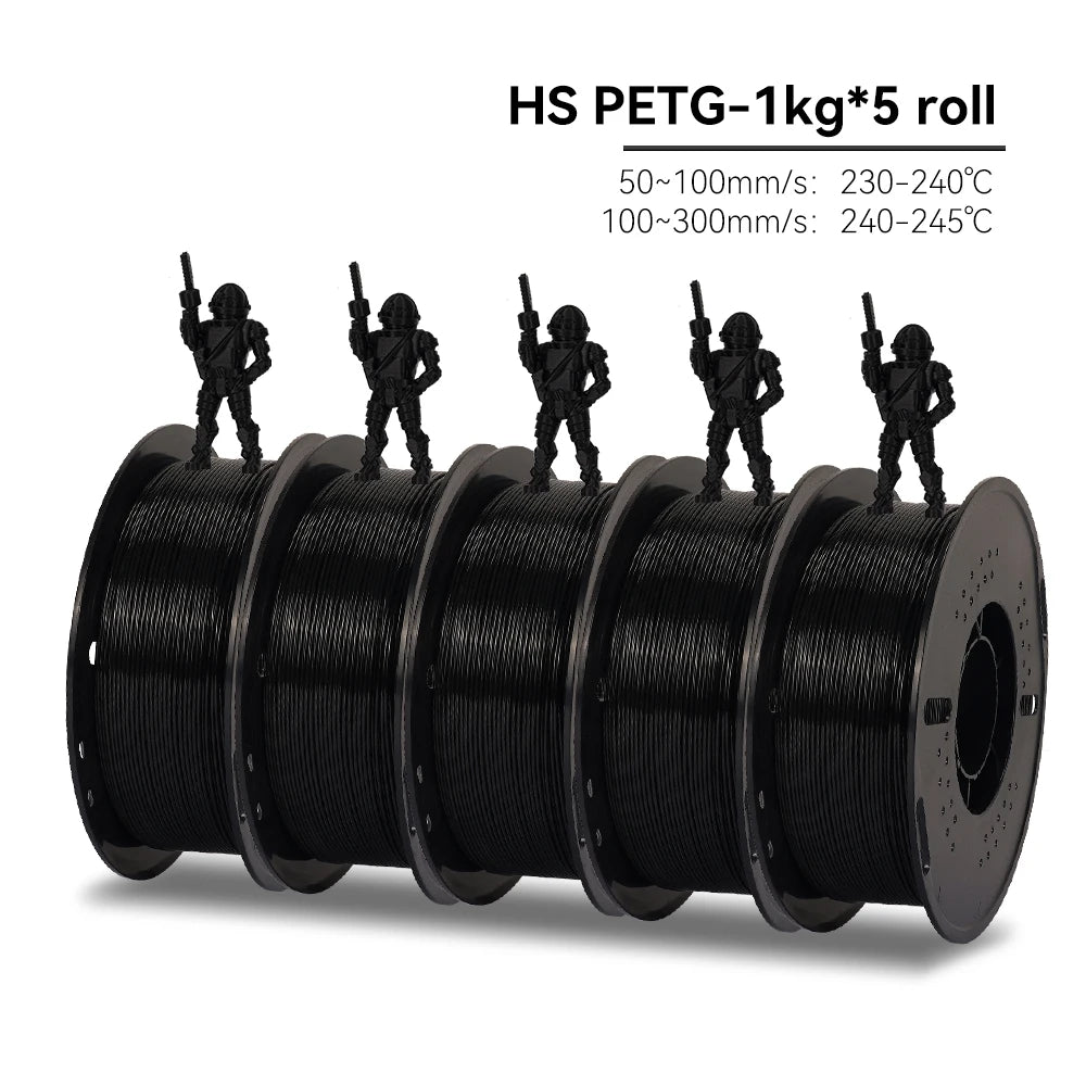 Spools of HS PETG filament with toy figures on a white background