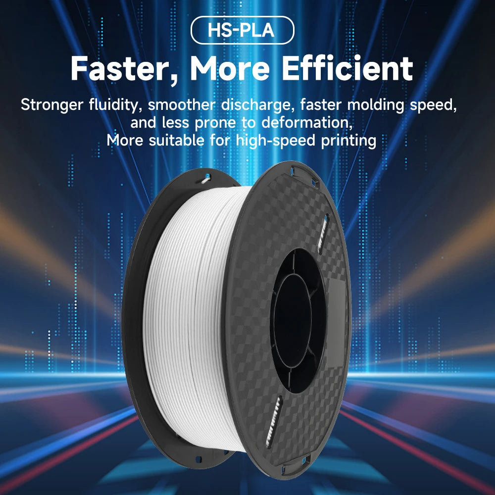 Spool of HS-PLA filament with text about its benefits on a dynamic blue and orange background