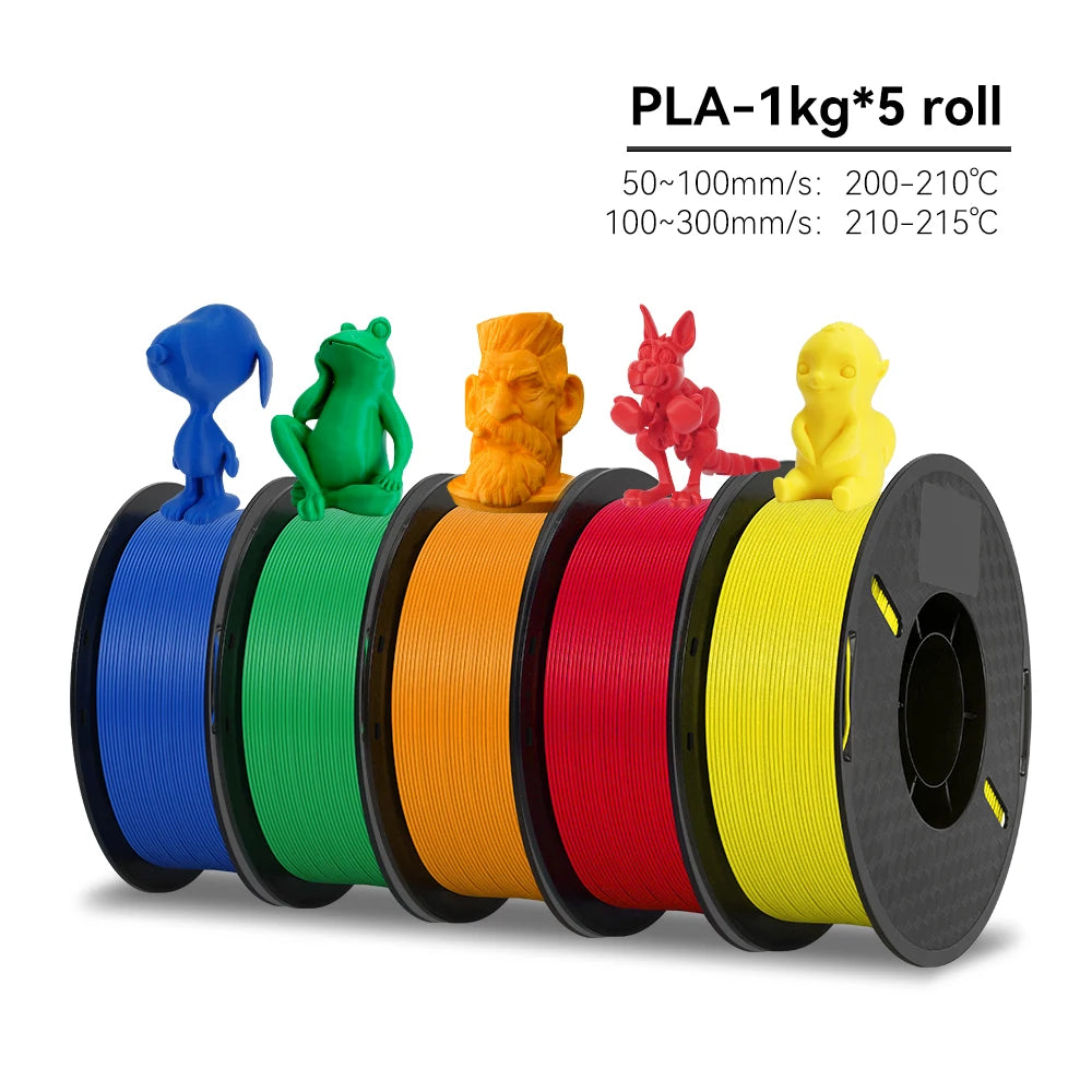 Five spools of PLA filament in blue, green, orange, red, and yellow with small models on top against a white background.