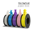 Five spools of PLA filament in different colors with 3D printed models on a white background.