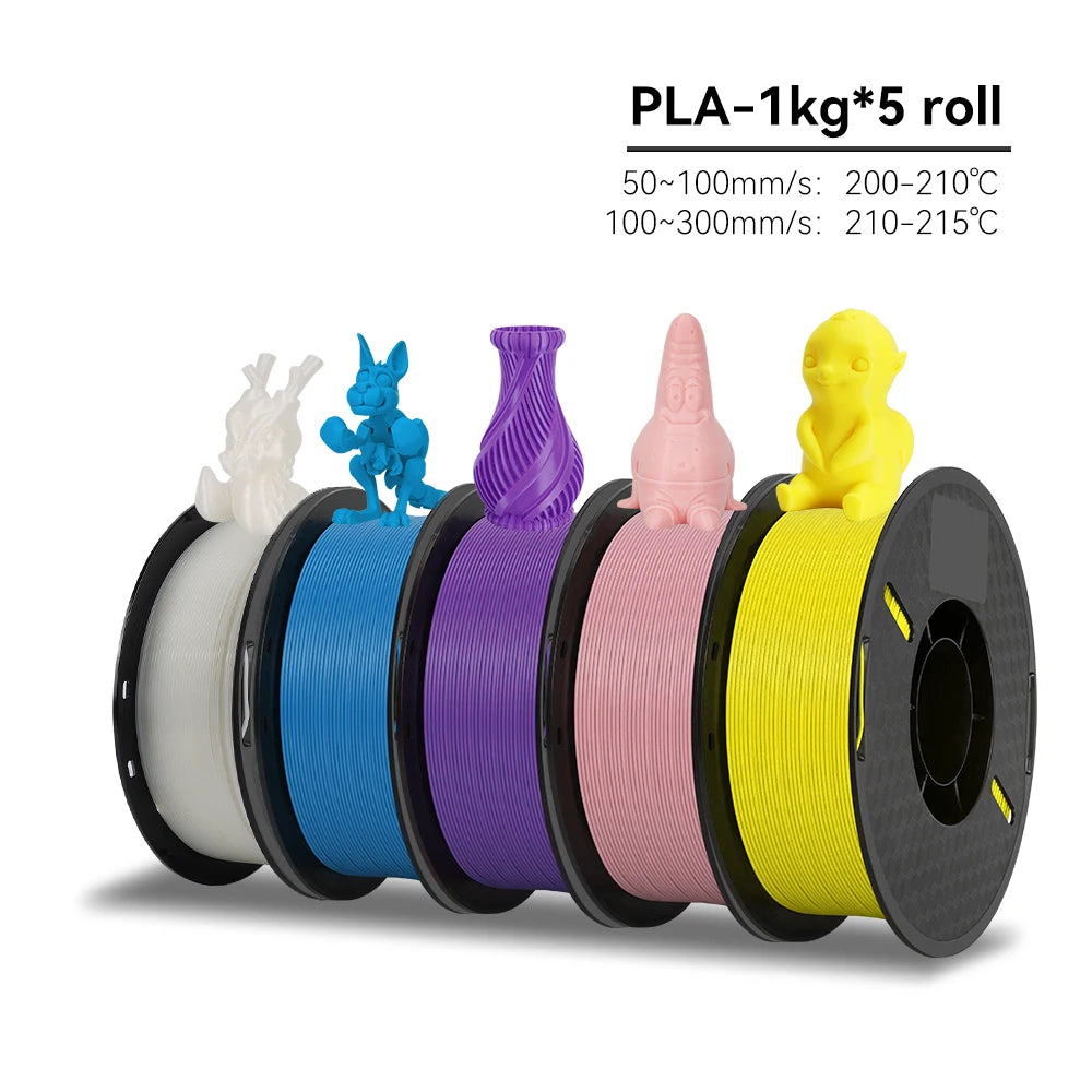 Five spools of PLA filament in different colors with 3D printed models on a white background.