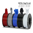 Five spools of PETG filament in different colors with 3D printed models on a white background.