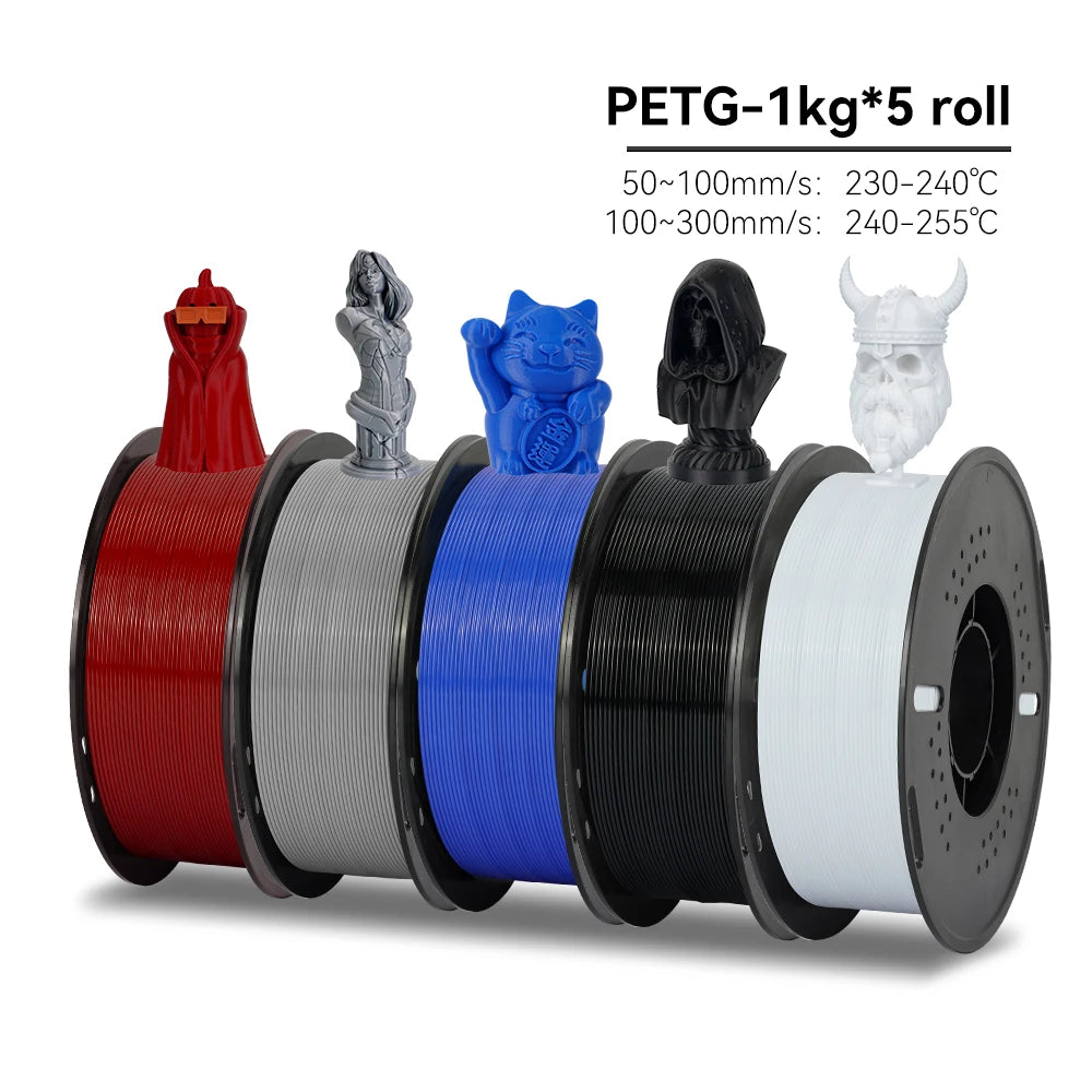 Five spools of PETG filament in different colors with 3D printed models on a white background.