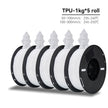 Five spools of TPU filament with technical specifications on a white background