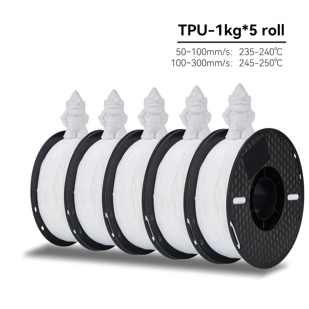Five spools of TPU filament with technical specifications on a white background