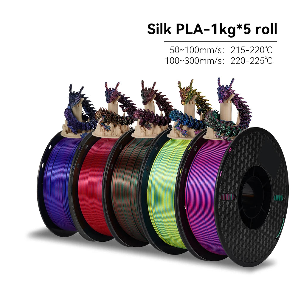 Spools of Silk PLA filament in various colors with model dragon sculptures on a white background.