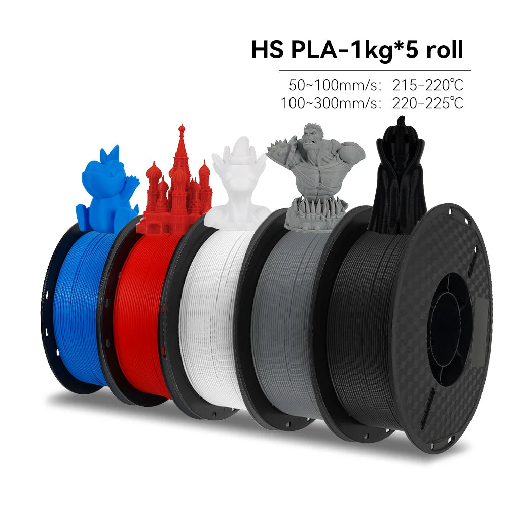 Five spools of HS PLA filament in blue, red, white, gray, and black with 3D prints on a white background.