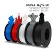 Five spools of HS PLA filament in blue, red, white, gray, and black with 3D prints on a white background.