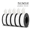 Five spools of white PLA filament on a white background with text indicating specifications.