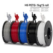 Five spools of HS PETG filament in different colors with small figures on top against a white background.