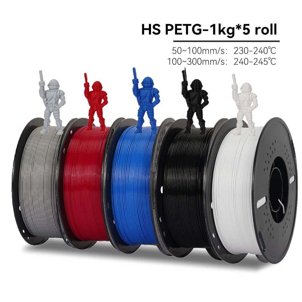Five spools of HS PETG filament in different colors with small figures on top against a white background.
