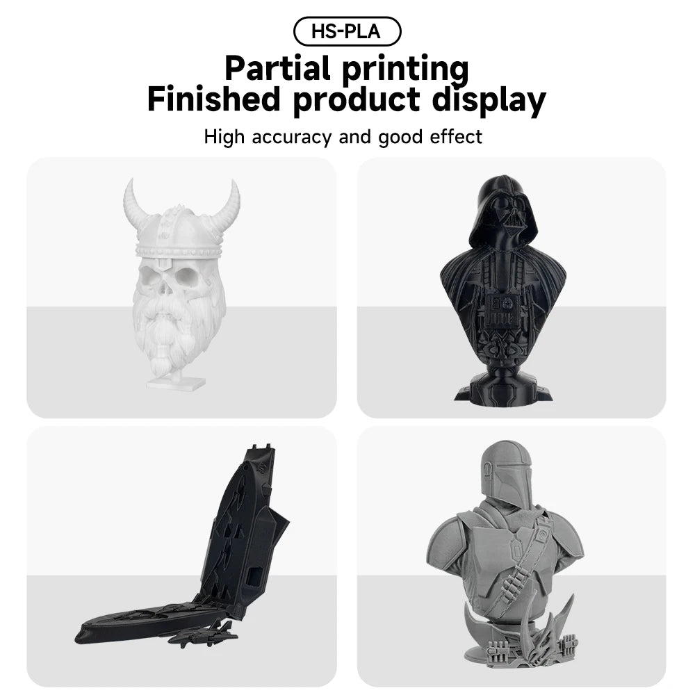 Four 3D printed models displayed on a white background with text about HS-PLA material.