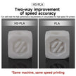 Comparison of HS-PLA and PLA materials on a 3D printed cube with text highlighting speed and accuracy improvements.