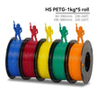 Five spools of HS PETG filament in blue, red, yellow, green, and orange with toy figures on top against a white background.