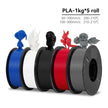 Five spools of PLA filament in blue, white, black, red, and gray with 3D printed models on a white background.
