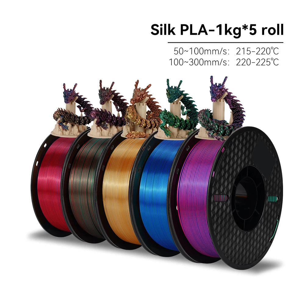 Five spools of silk PLA filament in various colors with product details on a white background.