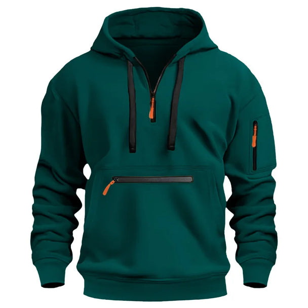 Teal hoodie with black and orange accents on a white background