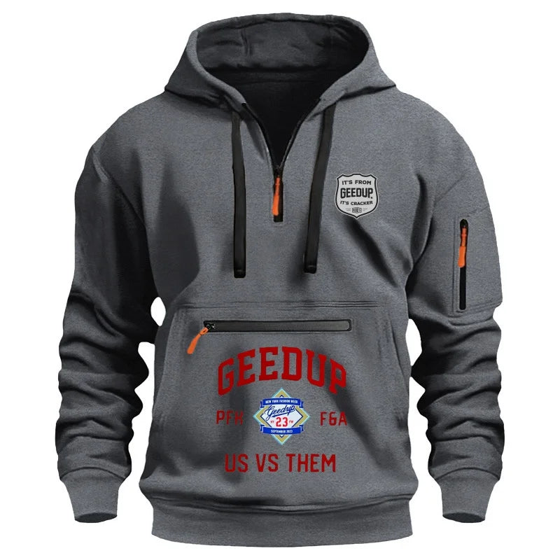 Gray hoodie with orange zippers and 'GEEDUR' branding on a white background