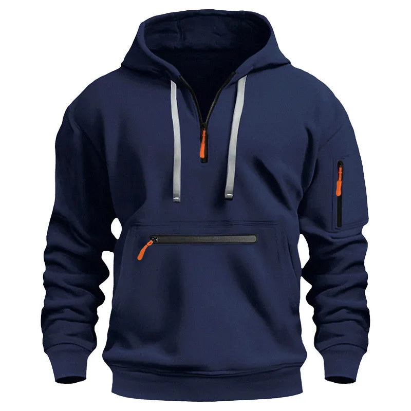 Navy blue hoodie with orange zippers on a white background
