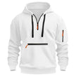 White hoodie with black and orange zippers on a white background