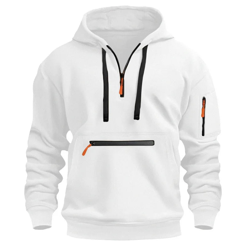 White hoodie with black and orange zippers on a white background