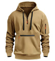 Tan hoodie with black and orange accents on a white background