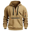 Beige hoodie with black and orange zippers on a white background